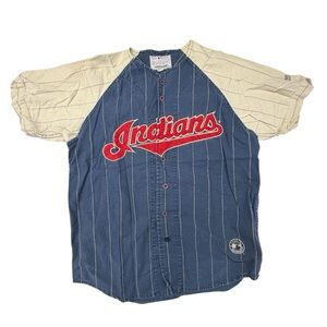 MLB VTG 90s RETRO CLEVELAND INDIANS BASEBALL BLUE STRIPE MIRAGE JERSEY SIZE L